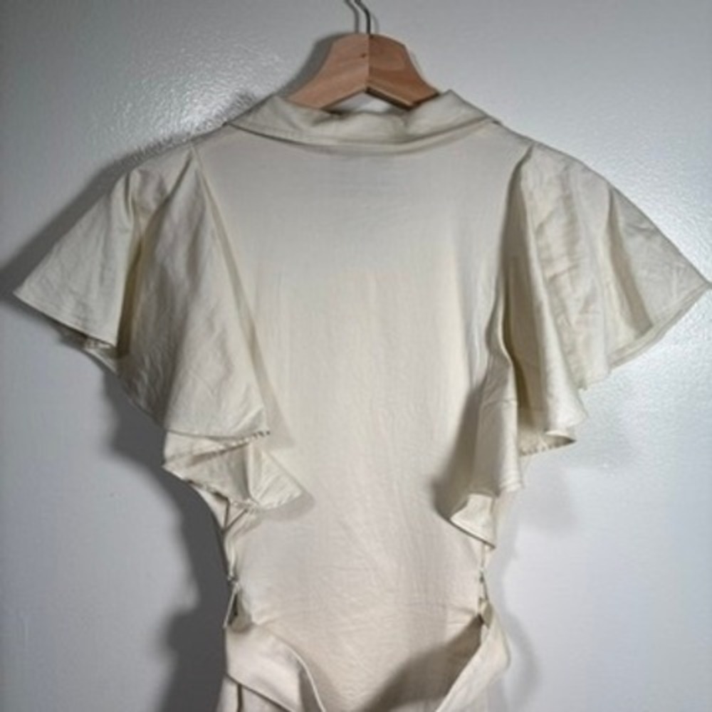 Alden Adair Button Front Dress Women Sz S Cream Ruffle Flutter Sleeve Belted - Picture 9 of 13